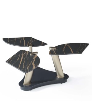Table basse TULIPE ouverte 3 plateaux pivotant céramique noir pied acier champagne design  mid-century modern