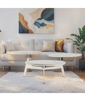 TABLE BASSE DISKO 3 plateaux pivotant JADE BLANCHE OR vue salon