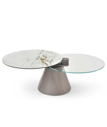 table basse SANTORIN plateau pivotant synchronise ouverts céramique arabescato et verre pied conique glamour contemporain