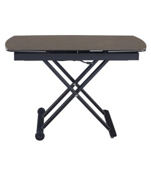 Table relevable MOOVIE plateau extensible céramique gris foncé pied x roulettes noir dépliée fermée