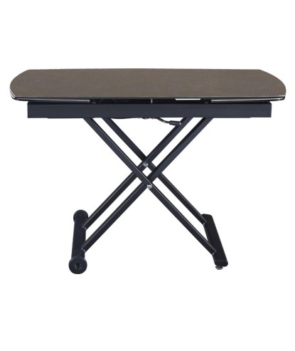 Table relevable MOOVIE plateau extensible céramique gris foncé pied x roulettes noir dépliée fermée