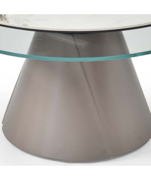 table basse SANTORIN plateau pivotant synchronise céramique arabescato et verre détail pied conique glamour contemporain