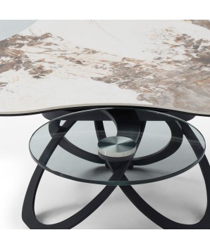 table basse TREFLE céramique pandora détail 3 plateaux verre pivotant pied métal entrelacé néoclassique