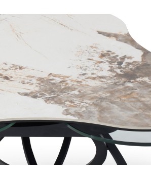 table basse TREFLE détail céramique pandora 3 plateaux verre pivotant pied métal entrelacé néoclassique