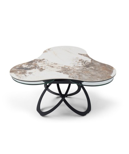 table basse TREFLE céramique pandora 3 plateaux verre pivotant pied métal entrelacé néoclassique fermée
