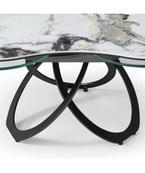 table basse TREFLE céramique cold jade 3 plateaux verre pivotant detail pied métal entrelace néoclassique