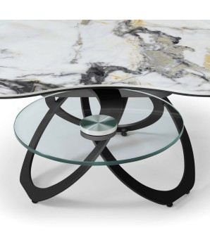 table basse TREFLE céramique cold jade detail 3 plateaux verre pivotant pied métal entrelace néoclassique ouverte