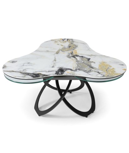 table basse TREFLE céramique cold jade 3 plateaux verre pivotant pied métal entrelace néoclassique fermée