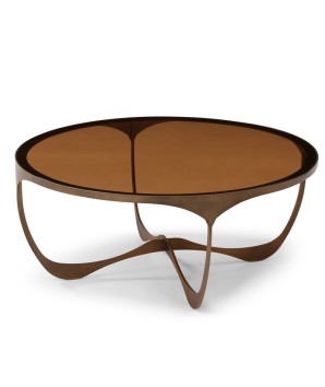 table basse PULP art deco pieds bronze plateau verre sépia