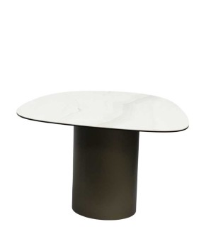 coin canapé ROXY détail pied cylindrique bronze plateau céramique marbre organique minimaliste