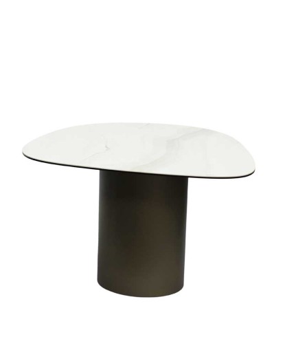 coin canapé ROXY détail pied cylindrique bronze plateau céramique marbre organique minimaliste