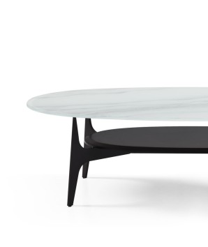 Table basse LACANAU ovale plateau verre jade detail pied métal design mid-century modern