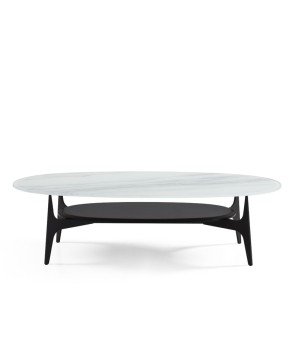 Table basse LACANAU ovale plateau verre jade pied métal design mid-century modern