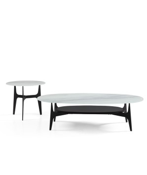 gamme table basse coin canapé LACANAU ovale plateau verre jade pied métal design mid-century modern