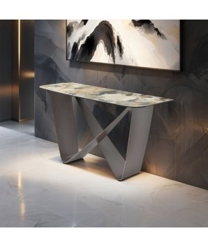 console OMEGA plateau céramique lezzia organique pied ruban métal néo-futuriste contre un mur