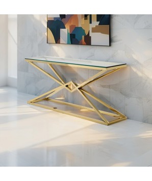 Console LOUXOR structure pyramidale dorée plateau verre design art déco hollywood contre mur