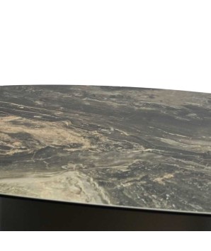 table basse ROXY pied cylindrique bronze détail plateau céramique marbre dore organique minimaliste