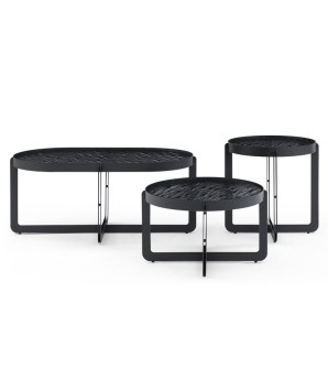 Gamme table basse coin canapé BEAULIEU ronde plateau verre martelé pied métal design industriel brutaliste vue profil