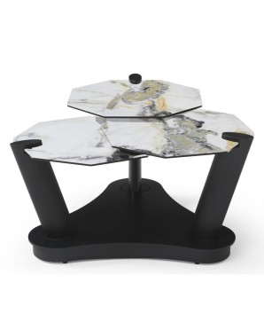 table basse DAHLIA céramique cold jade 3 plateaux pivotants pieds tige sculpturale vue fermée