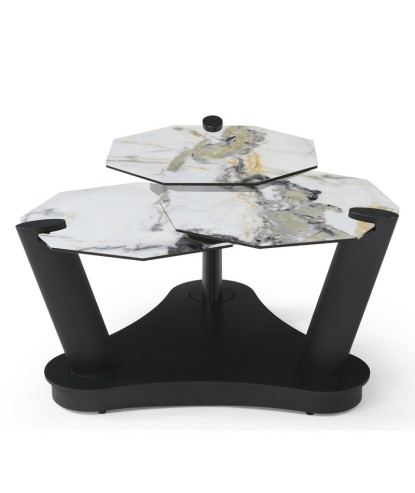 table basse DAHLIA céramique cold jade 3 plateaux pivotants pieds tige sculpturale vue fermée
