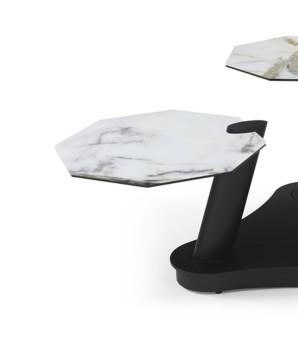 table basse DAHLIA detail céramique cold jade 3 plateaux pivotants pieds tige sculpturale