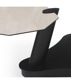 table basse DAHLIA detail céramique travertin 3 plateaux pivotants pieds tige sculpturale