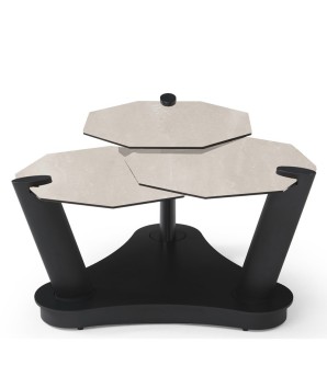 table basse DAHLIA céramique travertin 3 plateaux pivotants pieds tige sculpturale fermée