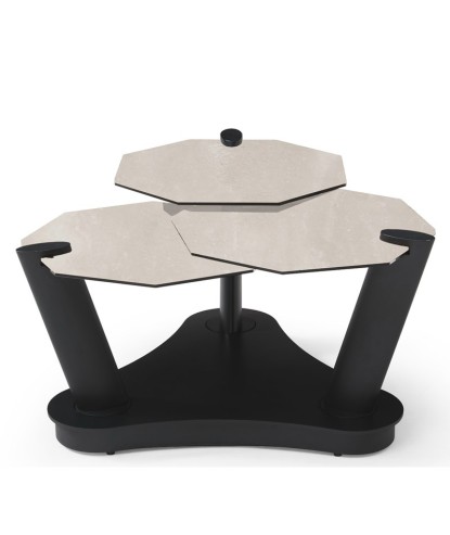 table basse DAHLIA céramique travertin 3 plateaux pivotants pieds tige sculpturale fermée