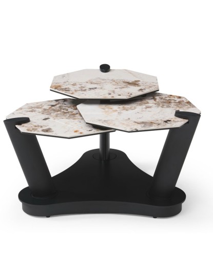 table basse DAHLIA céramique pandora 3 plateaux pivotants pieds tige sculpturale fermée