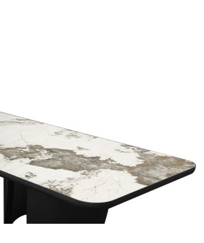 Table repas JOHANA 12 personne plateau céramique detail pandora pied bois bronze
