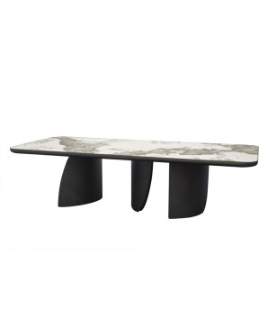 Table repas JOHANA 12 personne plateau céramique pandora pied bois bronze vue 3/4