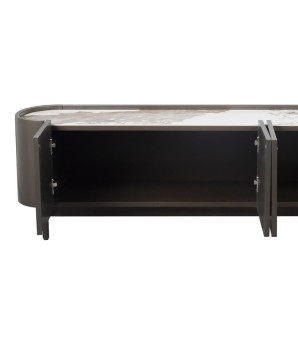 meuble tv JOHANA bronze céramique pandora minimalisme organique pied métal detail portes ouverte