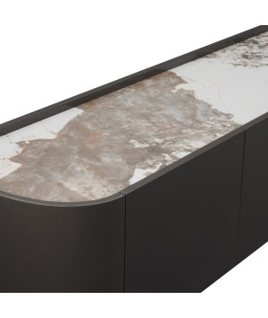 meuble tv JOHANA bronze detail céramique pandora minimalisme organique pied métal 4 portes vaste rangement