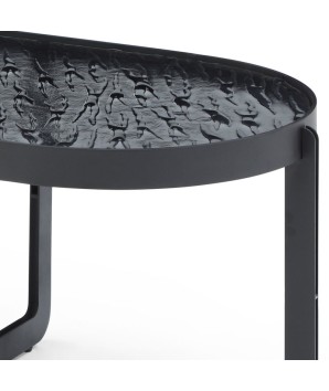 Table basse BEAULIEU ovale plateau verre martelé pied métal design industriel brutaliste vue droite