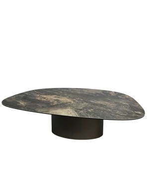Table basse ROXY pied cylindrique bronze plateau céramique marbre dore organique minimaliste