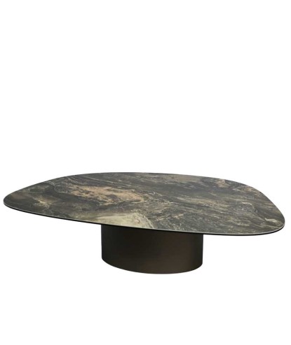 Table basse ROXY pied cylindrique bronze plateau céramique marbre dore organique minimaliste