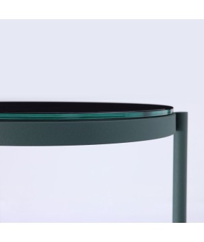 sellettes TRIS 3 plateaux detail verre rond minimaliste design bauhaus structure tubulaire