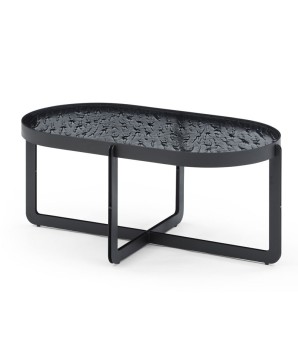 Table basse BEAULIEU ovale plateau verre martelé pied métal design industriel brutaliste