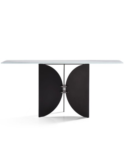 Console ZEN plateau verre jade minimaliste pied sculptural demi-lune moderne