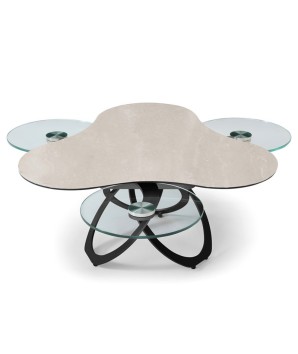Table basse TREFLE 3 plateaux pivotants céramique Travertin