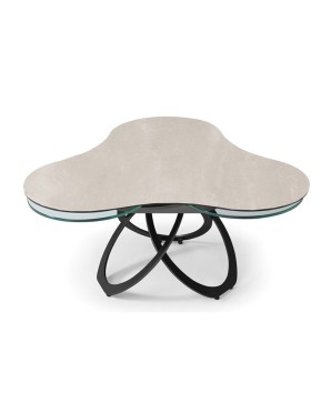 table basse TREFLE céramique travertin plateaux verre pivotant pied métal entrelace néoclassique fermée