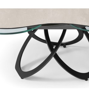 table basse TREFLE céramique travertin plateaux verre pivotant detail pied métal entrelace néoclassique