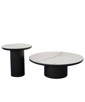 Gamme Coin canapé table basse ronde OTELLO plateau céramique golden stone minimaliste pied bronze cylindrique