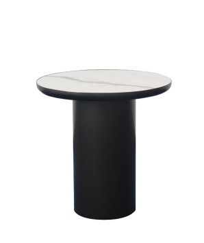 Coin canapé contemporain OTELLO rond plateau céramique golden stone minimaliste pied bronze cylindrique vue profil