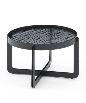 Table basse BEAULIEU ronde plateau verre martelé pied métal design industriel brutaliste