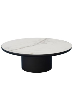 table basse OTELLO ronde plateau céramique golden stone minimaliste pied bronze cylindrique