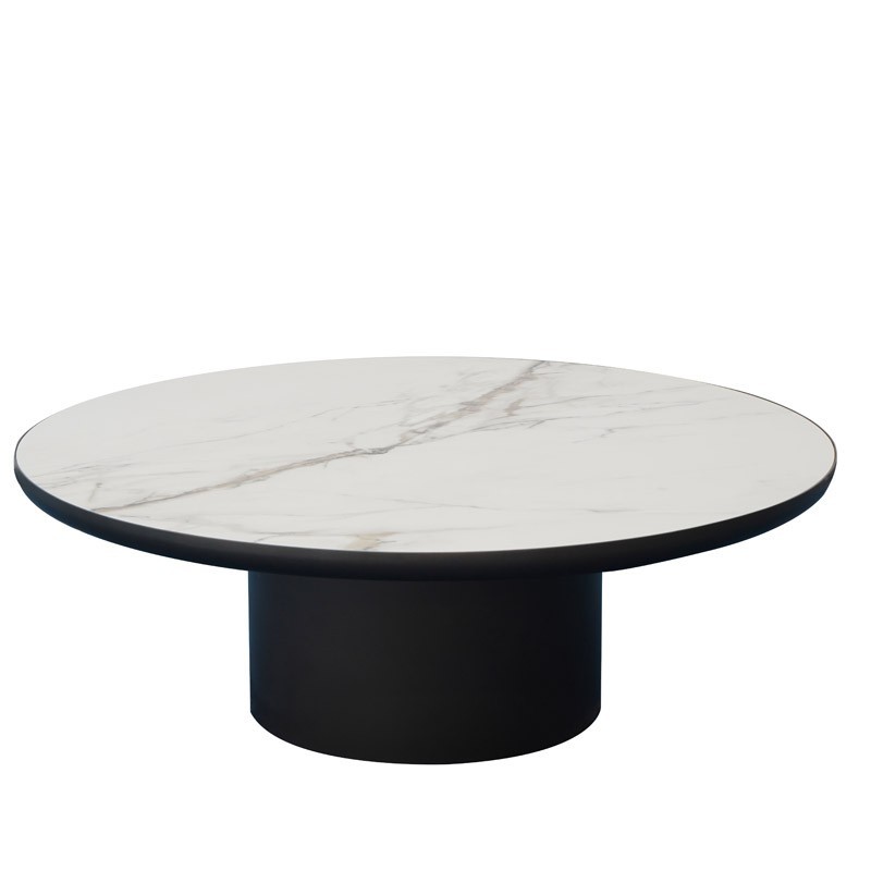 Table basse OTELLO ronde plateau ceramique golden stone minimaliste pied bronze cylindrique