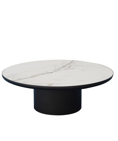 table basse OTELLO ronde plateau céramique golden stone minimaliste pied bronze cylindrique