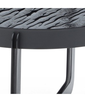 Table basse BEAULIEU ronde détail plateau verre martelé pied métal design industriel brutaliste