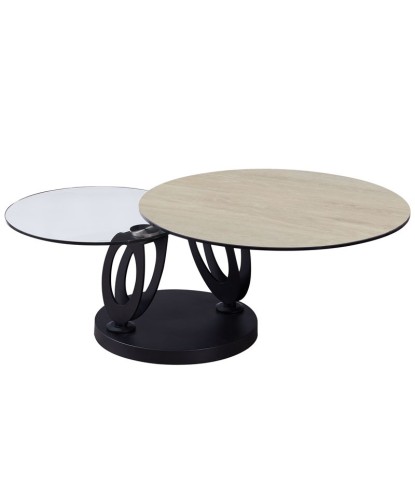Table basse OGIVE plateaux pivotant céramique wood clair verre pieds design organique ouverte